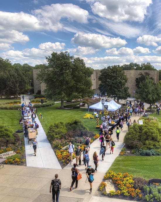 An aerial view of students walking across PNW's Westville campus