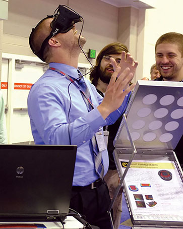A person wears a VR headset in a lab