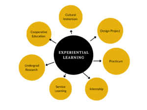 Experiential Learning Infographic: Practicum, undergrad research, cultural immersion, internship, design project, service learning, cooperative education.