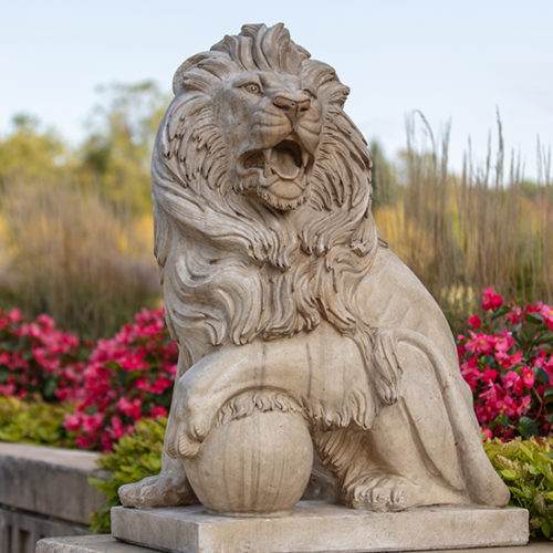 A lion statue on PNW's Westville campus