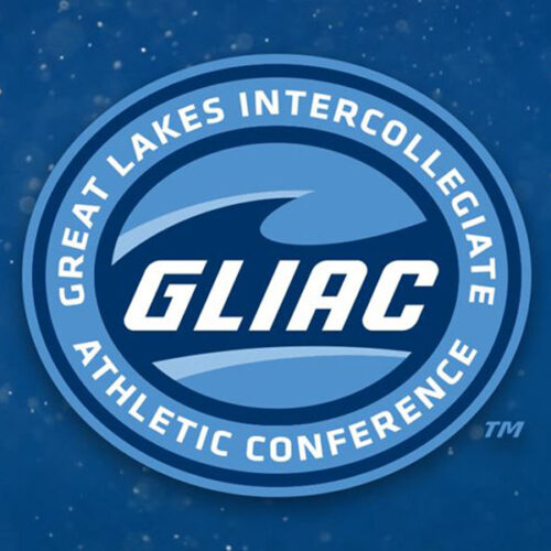 Logo for the Great Lakes Intercollegiate Athletic Conference, featuring that text and GLIAC on a blue wave.