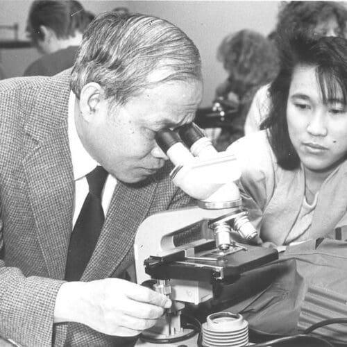 A professor looks through a microscope.