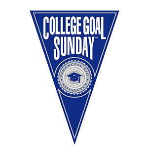 Pennant with the College Goal Sunday logo. It is purple with a badge at the center with the words "Financial Aid Assistance" and an illustration of a graduate's cap.