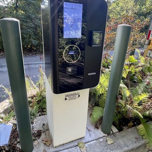 An automated kiosk at the entrance to Gabis Arboretum