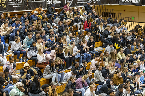 Students sit in stands during a basketball game