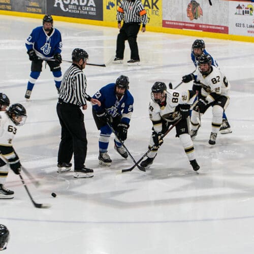 Hockey players and a referee stand in the center of the court