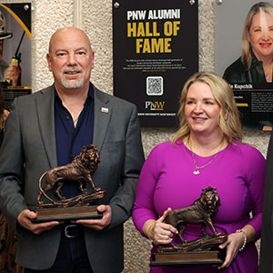 PNW Alumni Hall of Fame honorees Mitchell “Mason” Macenski and Nicole Kupchik at the induction ceremony.