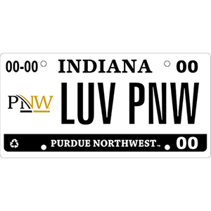 A license plate with the PNW Logo on it. The plate numbers read "LUV PNW".