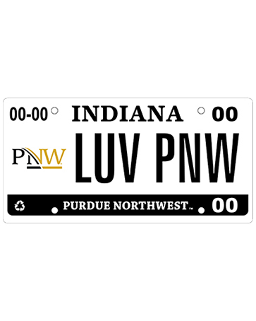 License plate mockup with a PNW logo and text reading, "Indiana, Luv PNW, Purdue Northwest"
