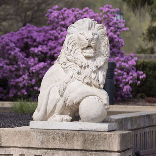 A white lion statue on the PNW Westville Campus it. There is a purple flowering plant in the background.