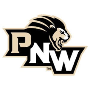 PNW Athletics Logo. Features an illustrated roaring lion head above a diagonally descending PNW.