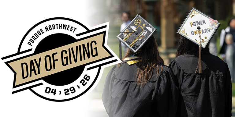 The left side of the image displays the logo for the Purdue Northwest Day of Giving. The right side features two students in commencement regalia and caps decorated featuring PNW designs.
