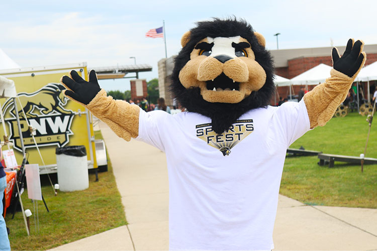 PNW's Leo the Lion poses during Sports Fest.