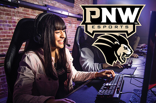 Students play games on computers next to a logo saying PNW Esports.