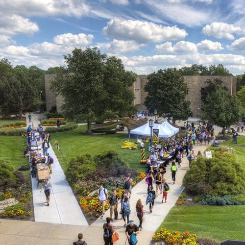 An aerial view of students walking across PNW's Westville campus