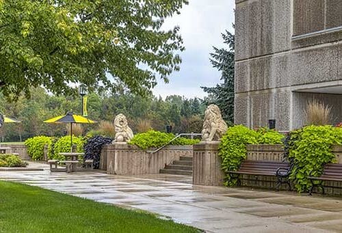 lion statues outside of westville campus