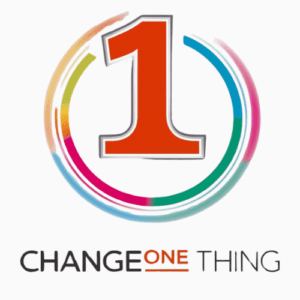Graphic: Change one thing. A number "1" is large and the color red. Around the 1 is a multicolored circle. Under the 1 and circle are the words "Change One Thing"
