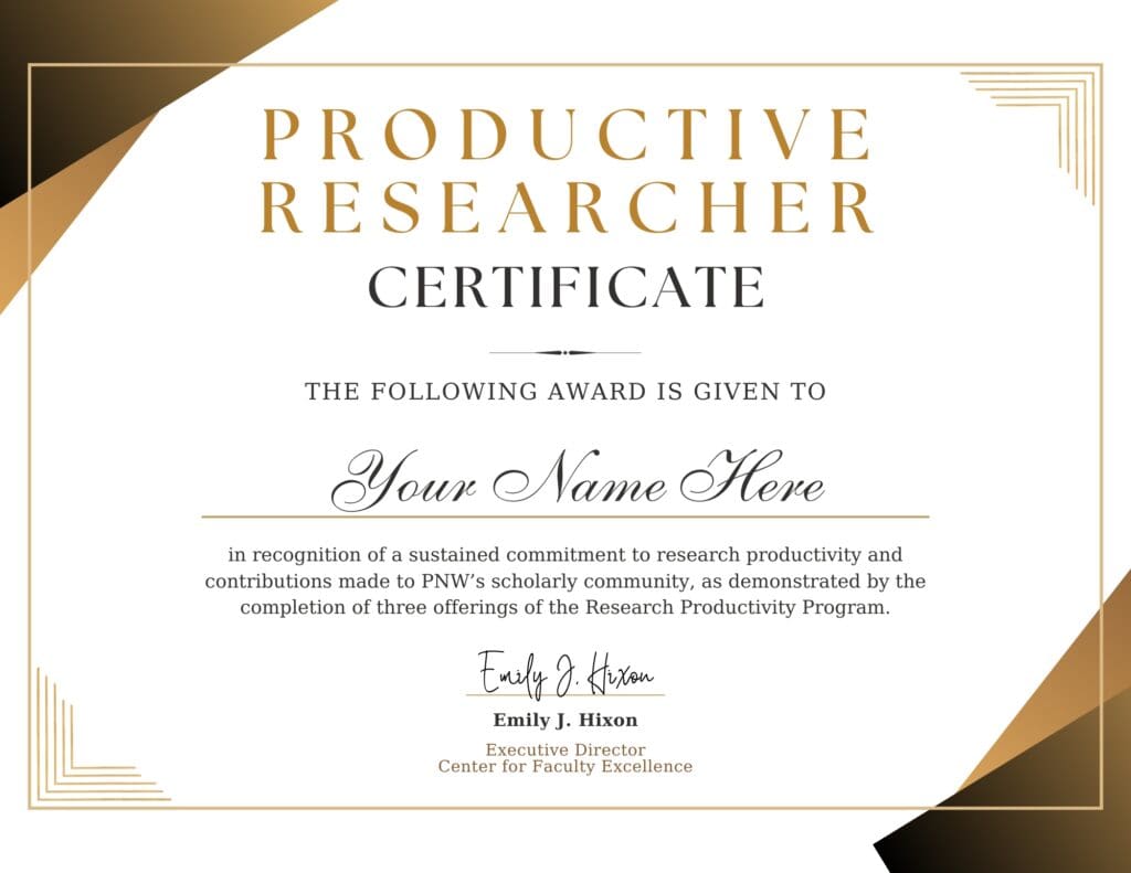 Example of a Productive Researcher Certificate with "Your Name Here" on the name line.