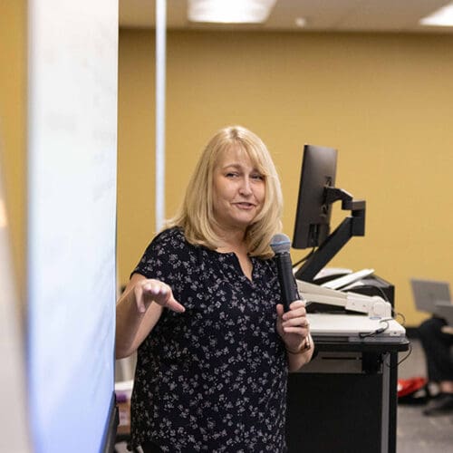 PNW faculty member Angela Schooley teaches a class.