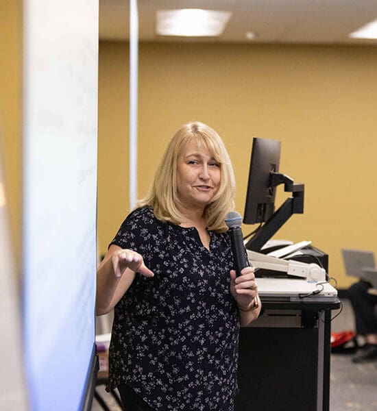 PNW faculty member Angela Schooley teaches a class.