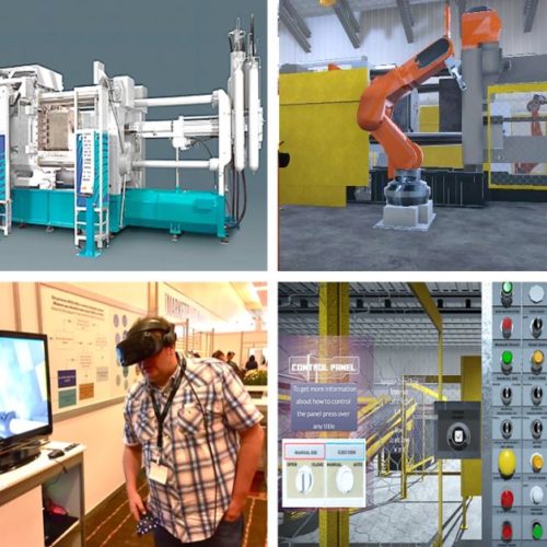 3D models of a die casting machine and a man wearing a VR headset