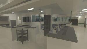 Images from the virtual fly-through of the facility from the application