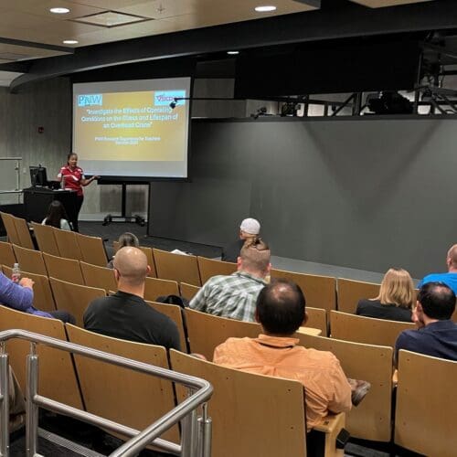 Individual standing and talking in front of screen featuring PowerPoint slide at podium in auditorium