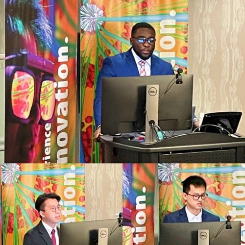 Collage of three different photos of Individual in business attire standing at podium speaking in a conference room