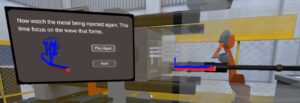A screenshot of the virtual die casting environment. There is a pop up with options to "Try Again" or "Exit" to the left of the screen and the virtual die cast machine is to the right.