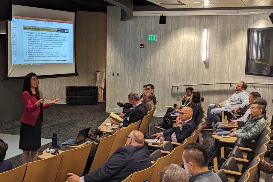 Industry attendees and CIVS students and staff actively engaged in technical content and future project directions in the CIVS Immersion Theater