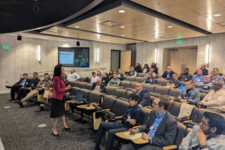 Industry attendees and CIVS students and staff actively engaged in technical content and future project directions in the CIVS Immersion Theater