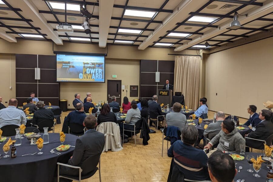 Chancellor of Purdue University Northwest Dr. Keon delivering a speech at the SMSVC Annual Meeting in Alumni Hall.