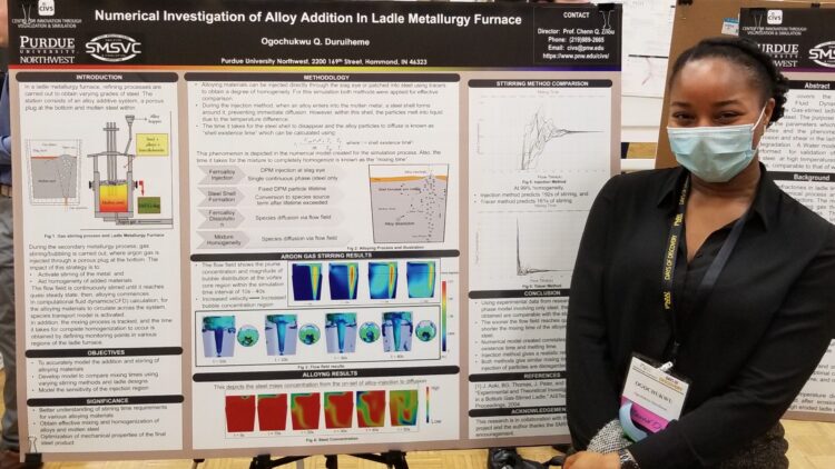 Ogochukwu Duruiheme with senior design poster entitled “Numerical Analysis of Dissolution Behavior of Microalloying Elements in Ladle Metallurgy Furnace.”