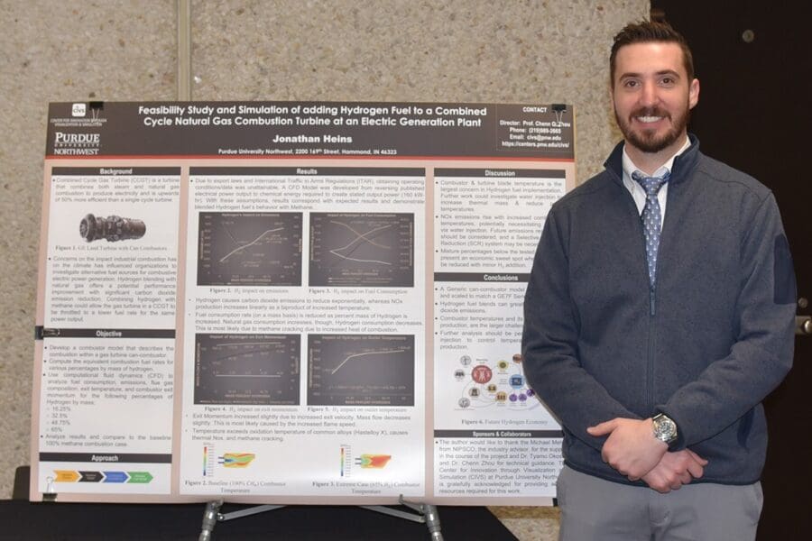 Student in a professional business attire standing in front of academic poster in presentation hall