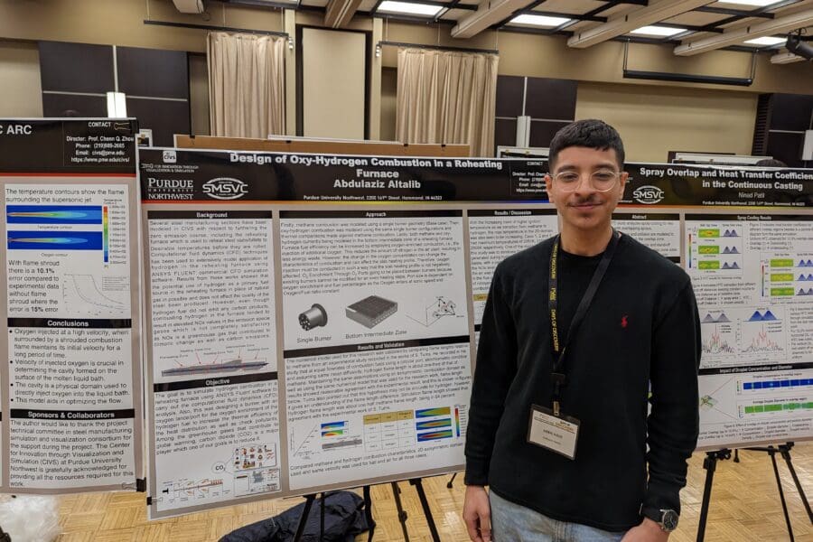 Student standing in front of academic poster in presentation hall