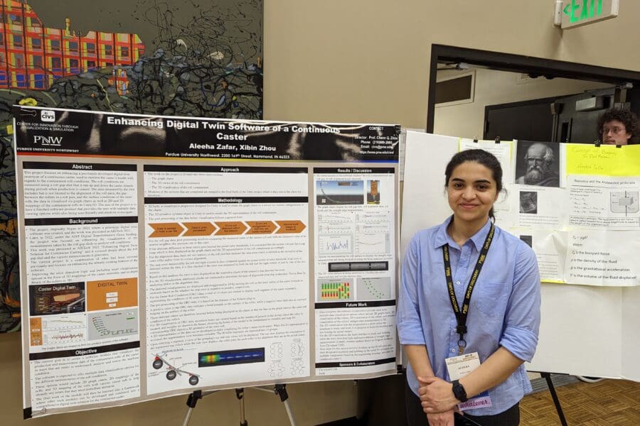 Student in a professional business attire standing in front of academic poster in presentation hall