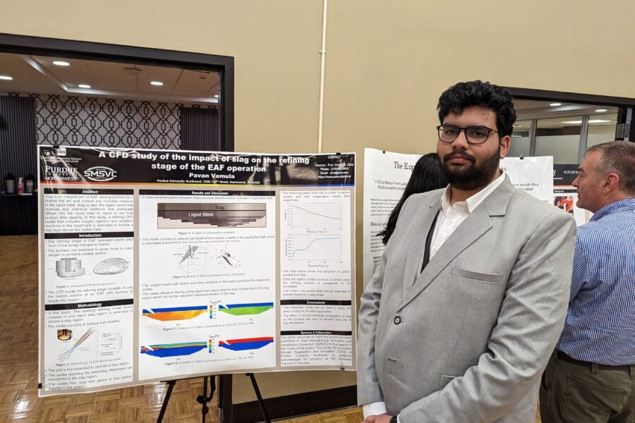 Student in a professional business attire standing in front of academic poster in presentation hall