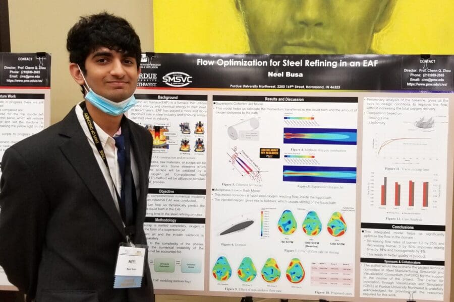 Young student in a professional business attire standing in front of academic poster in presentation hall