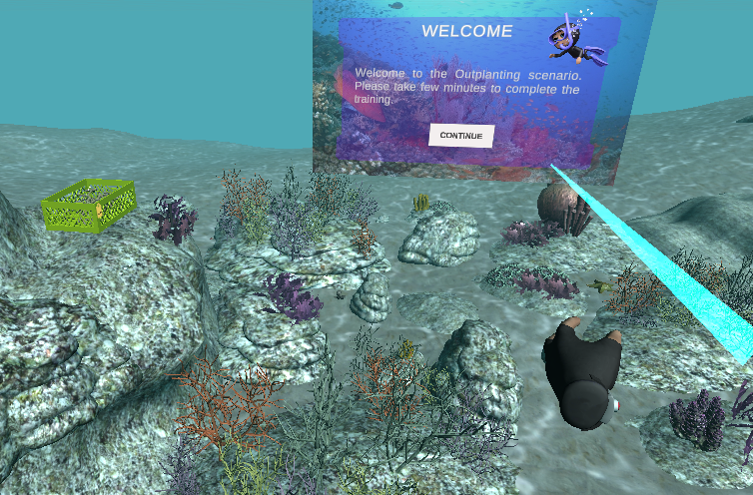 Virtual image of an underwater scene featuring rocks and vegetation on the ocean floor. Super imposed is a menu screen titled Welcome with sub text: Welcome to the Outplanting scenario. Please take a few minutes to complete the training. Continue button highlighted in white.
