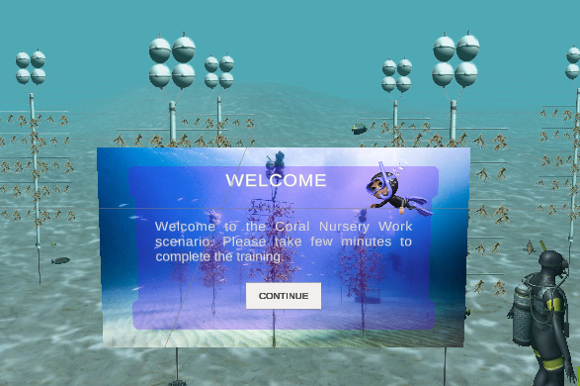 Virtual image of an underwater scene featuring industrial tools on the ocean floor and a person in diving gear. Super imposed is a menu screen titled Welcome with sub text: Welcome to the Coral Nursey Work scenario. Please take a few minutes to complete the training. Continue button highlighted in white.
