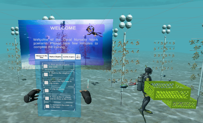 Virtual image of an underwater scene featuring industrial tools on the ocean floor and a person in diving gear holding a bright green basket. Super imposed is a menu screen titled Welcome with sub text: Welcome to the Coral Nursey Work scenario. Please take a few minutes to complete the training. Several button options underneath and a pop out menu.