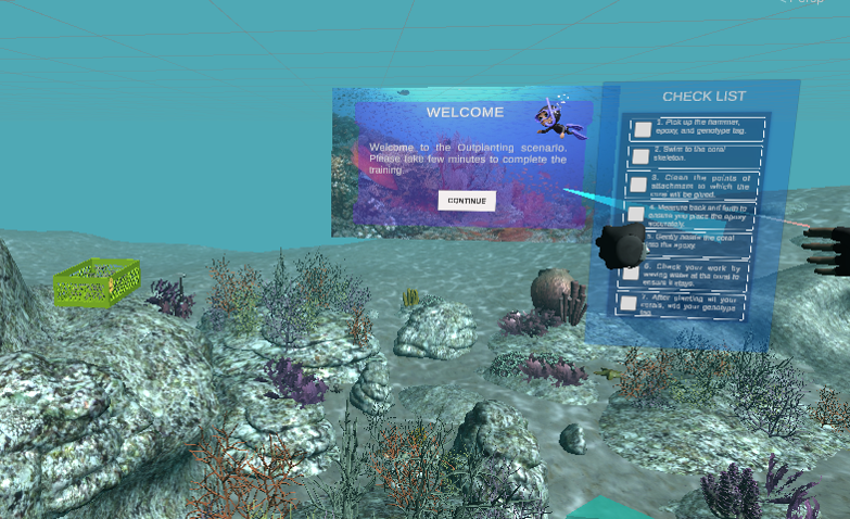 Virtual image of an underwater scene featuring rocks and vegetation on the ocean floor. Super imposed is a menu screen titled Welcome with sub text: Welcome to the Outplanting scenario. Please take a few minutes to complete the training. Continue button highlighted in white.