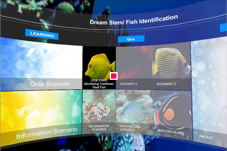 Program screen titled Dream Stem/Fish Identification featuring pictures of different colored fish and various menus titled: learning, quiz, quiz scenario, information scenario, scenario 2, scenario 3, data record scenario, about