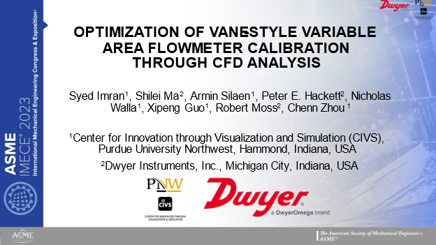 PowerPoint title slide Optimization of Vanestyle Variable Area Flowmeter Calibration through CFD Analysis including logo images for PNW, CIVS, and DwyerOmega brand.
