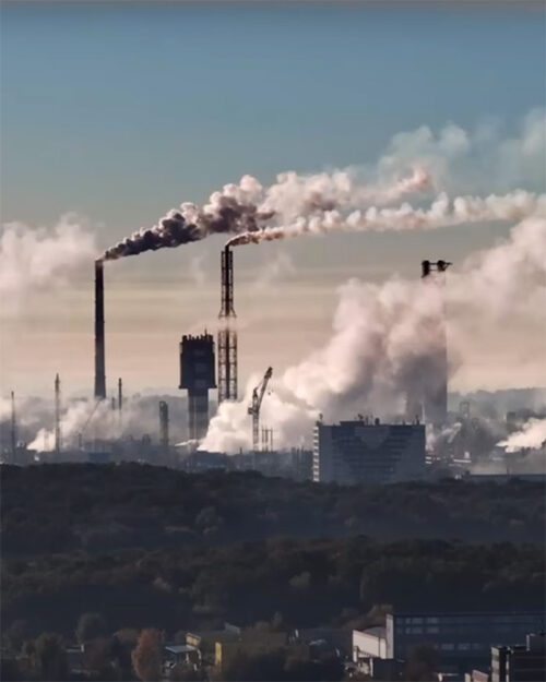 City skyline with smoke coming from industrial buildings, text over top "The Future of Steel, Decarbonizing with Hydrogen"
