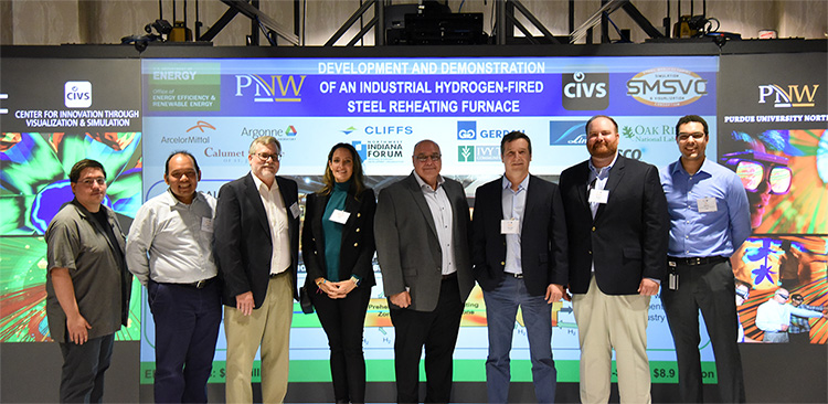 Part of the project team. Pictured from left to right: Nick Walla (PNW), Armin Silaen (PNW, Co-PI), Kurt Johnson (Cleveland-Cliffs), Monica Lupion (Linde), Joe Maiolo (Linde, Co-PI), Joao Soares Gonzaga (Gerdau, Co-PI), Kevin Kondrat (Gerdau, Co-PI), Tyamo Okosun (PNW, Co-PI).