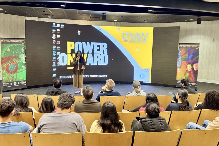 CIVS alumni presenting to audience