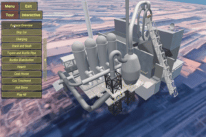 Screenshot of blast furnace simulation menu screen. Menu on the right of a zoomed out overview of the furnace