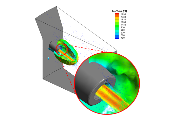 Screenshot of Tuyere nose injection with a temperature color gradient
