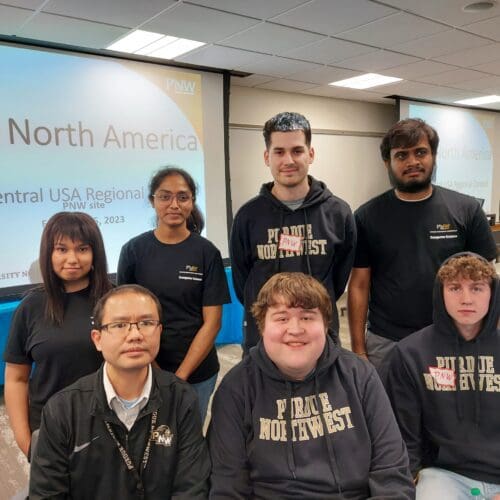 Several PNW representatives competed in the ICPC contest as well as volunteered during the event. Participants included (front, from left to right), Wei Dai, assistant professor of Computer Science; Bruno Hnatusko, Computer Science graduate student; Andrew McDowell, second-year Electrical Computer Engineering major; (back, from left to right) Diya Kafle, third-year Computer Science major; Sai Deepthi Jammula, Computer Science graduate student; Diego Ramirez, fourth-year Computer Science major; and Gowtham Pentela, Computer Science graduate student. Not pictured is Alejandro Alvarez, third-year Computer Science major.